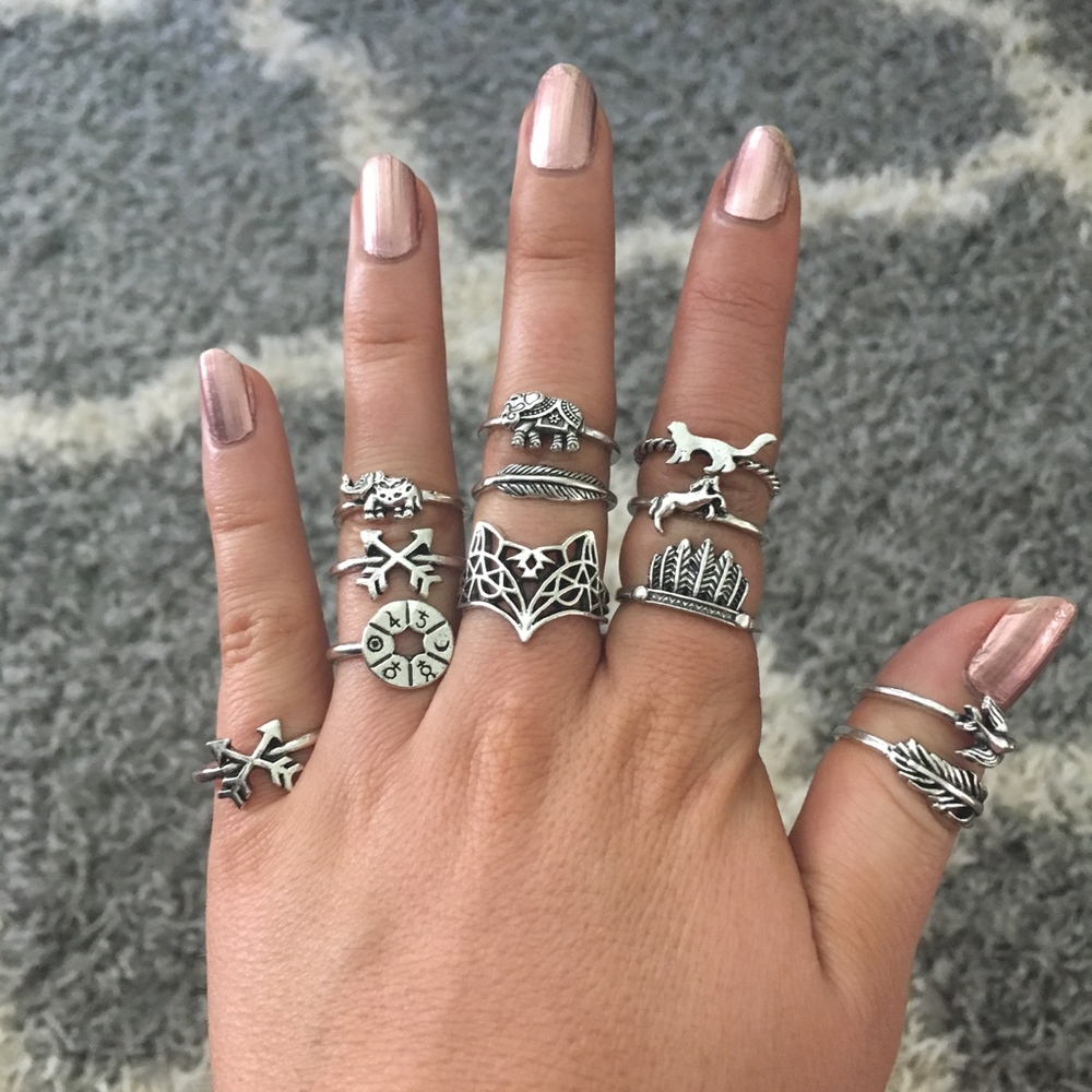 12-piece Zodiac Symbols Fox Cat Silver Ring Set - Picture 6 of 8